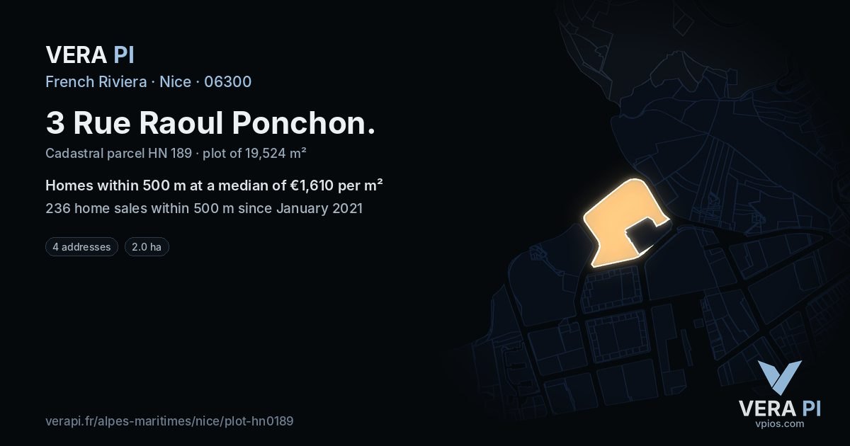 3 Rue Raoul Ponchon, Nice at night – the plot lit, the parcels around coloured by the prices near them