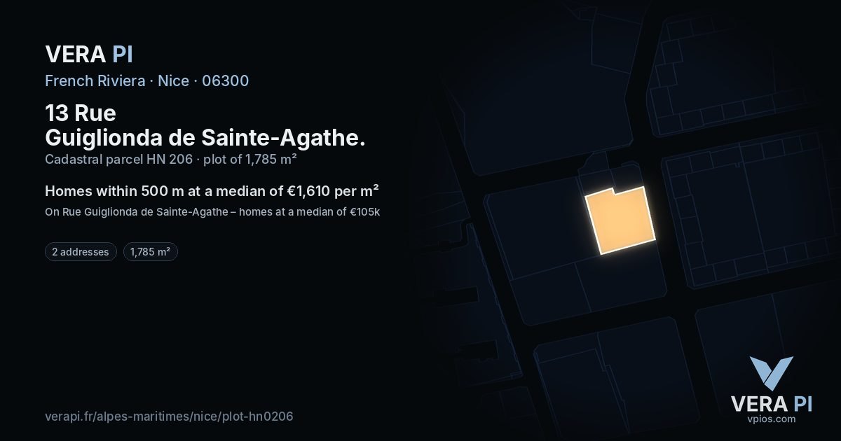 13 Rue Guiglionda de Sainte-Agathe, Nice at night – the plot lit, the parcels around coloured by the prices near them