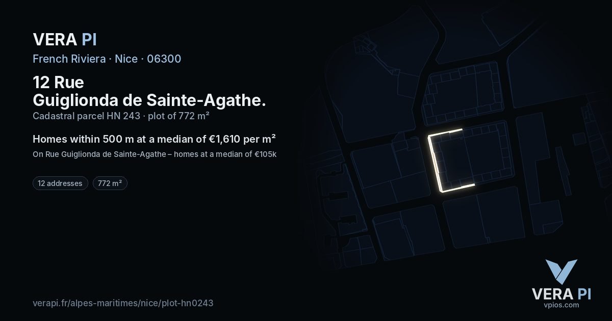 12 Rue Guiglionda de Sainte-Agathe, Nice at night – the plot lit, the parcels around coloured by the prices near them