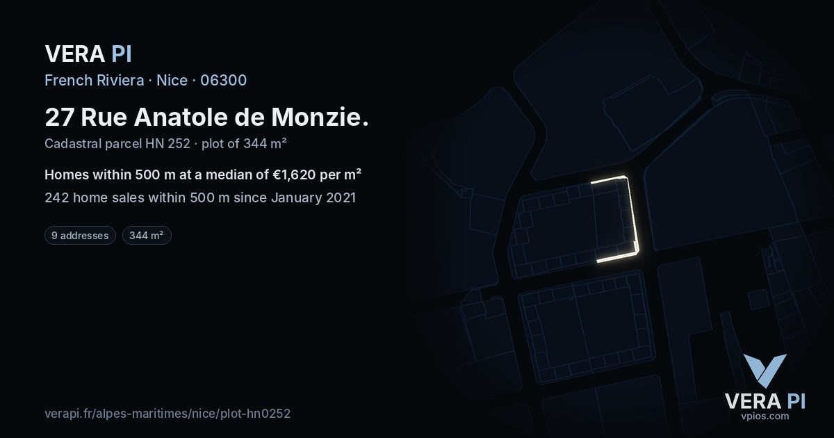 27 Rue Anatole de Monzie, Nice at night – the plot lit, the parcels around coloured by the prices near them