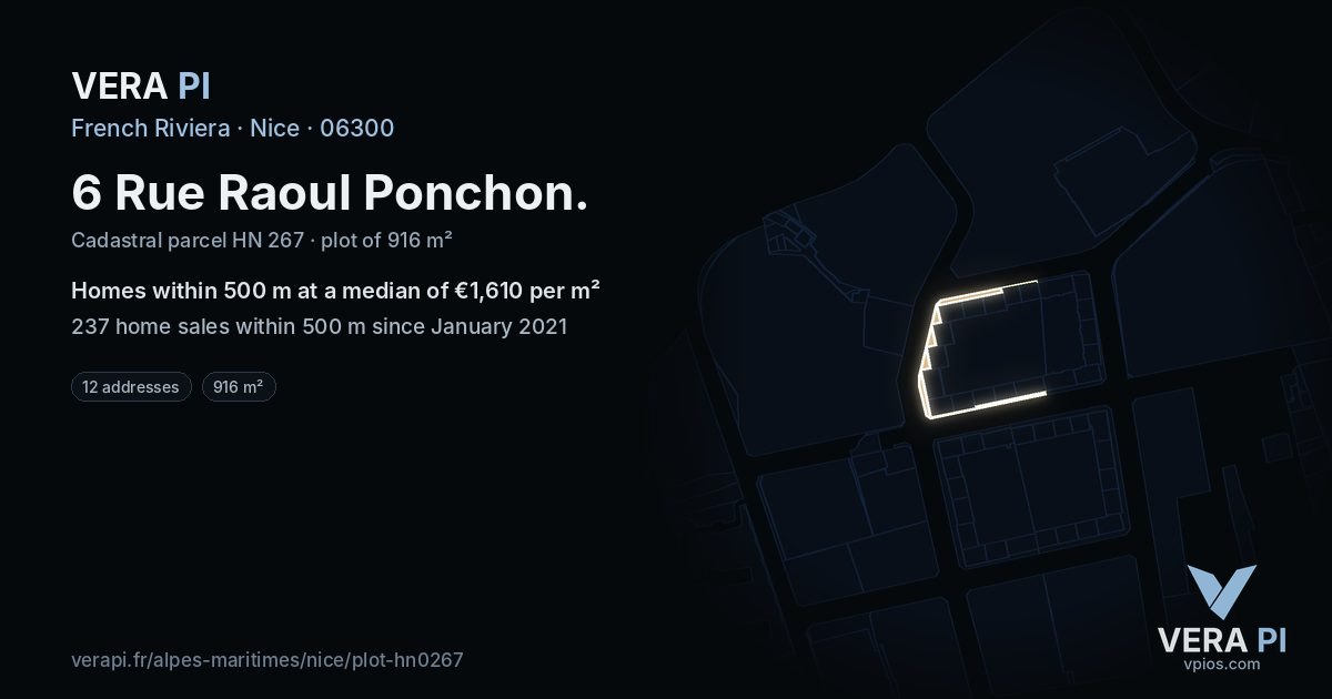 6 Rue Raoul Ponchon, Nice at night – the plot lit, the parcels around coloured by the prices near them