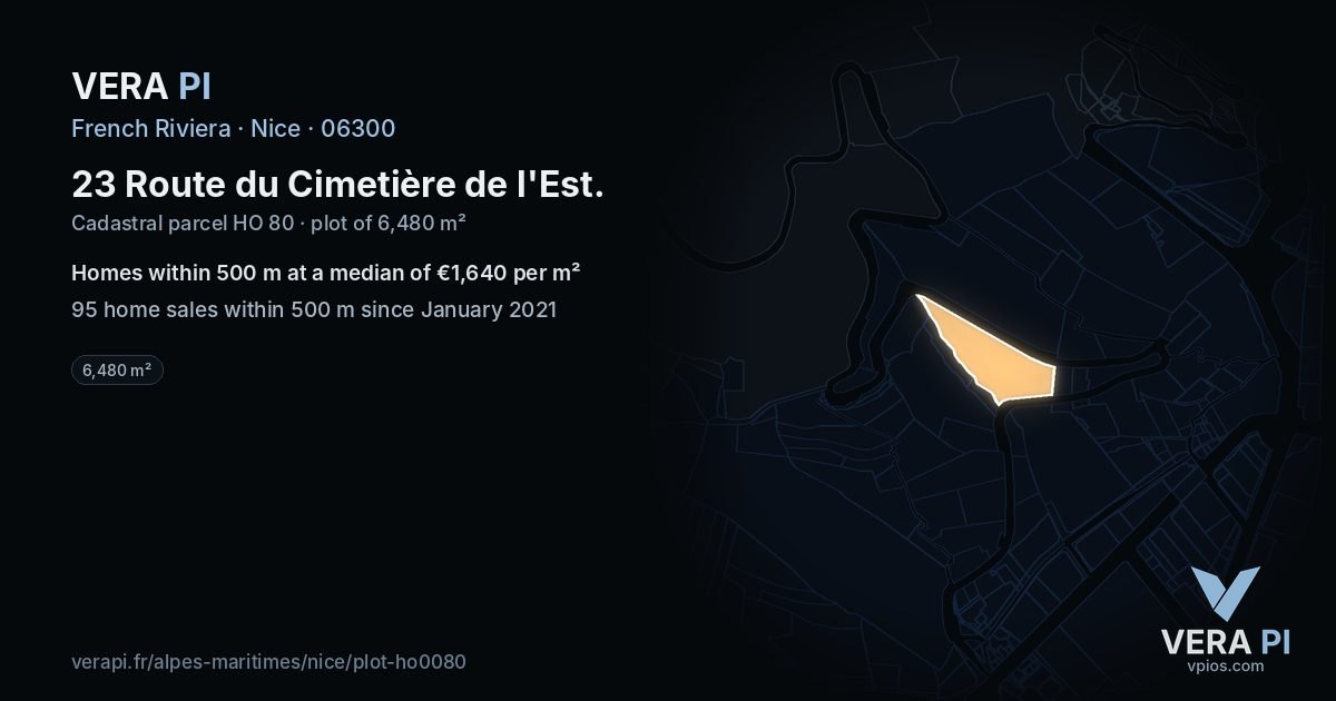 23 Route du Cimetière de l'Est, Nice at night – the plot lit, the parcels around coloured by the prices near them