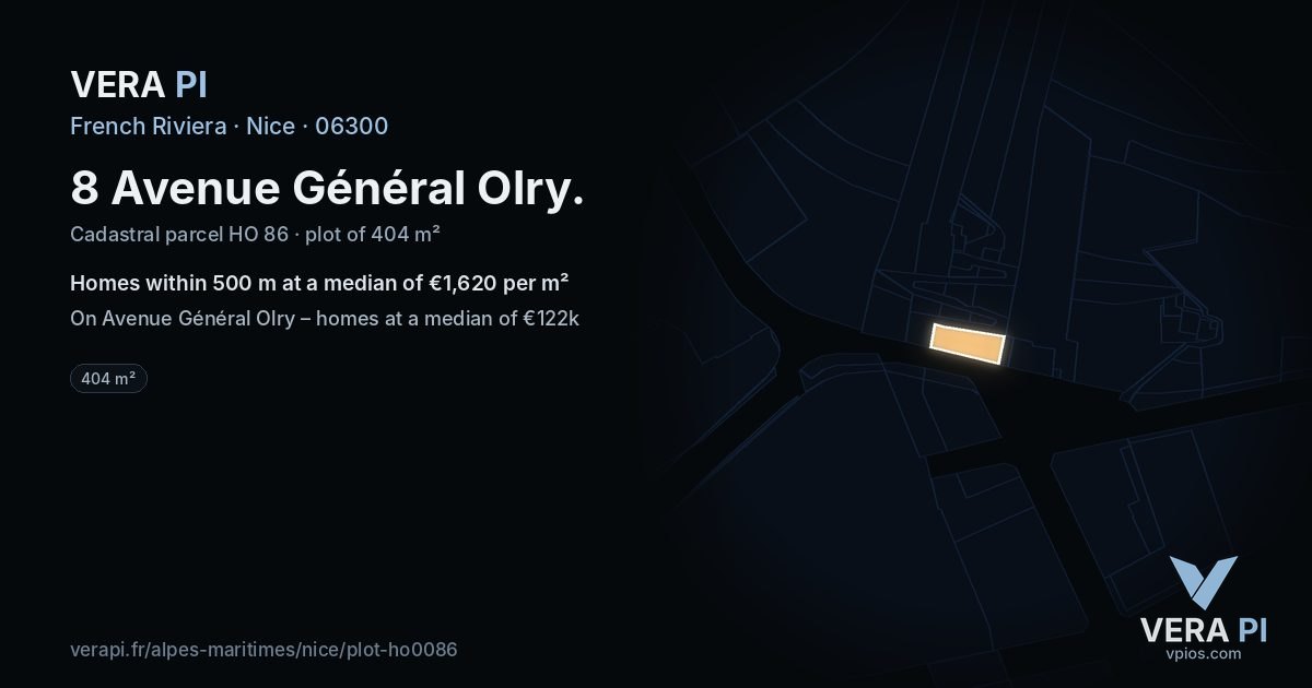 8 Avenue Général Olry, Nice at night – the plot lit, the parcels around coloured by the prices near them