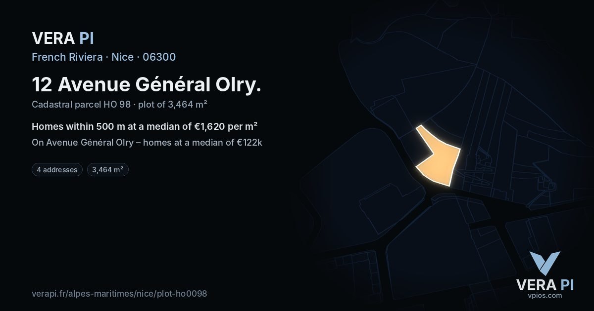 12 Avenue Général Olry, Nice at night – the plot lit, the parcels around coloured by the prices near them