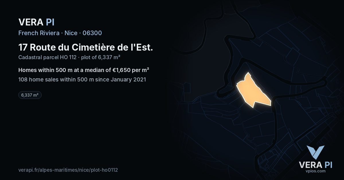 17 Route du Cimetière de l'Est, Nice at night – the plot lit, the parcels around coloured by the prices near them