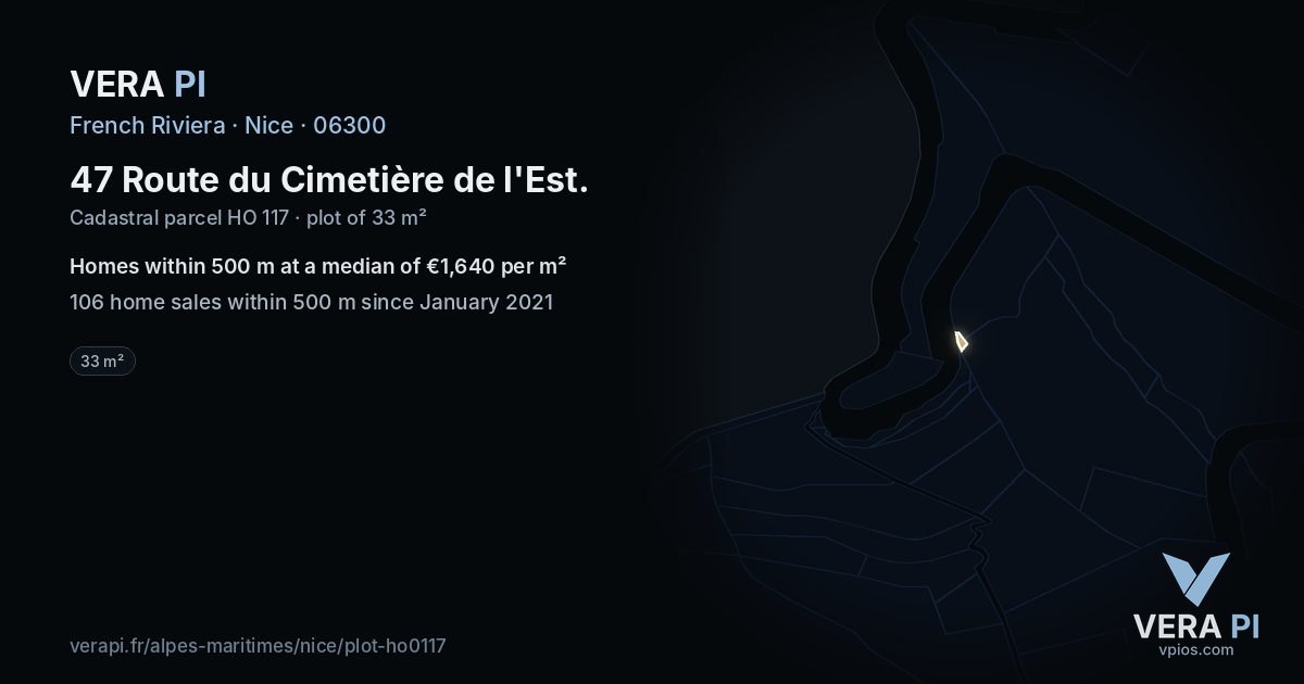 47 Route du Cimetière de l'Est, Nice at night – the plot lit, the parcels around coloured by the prices near them