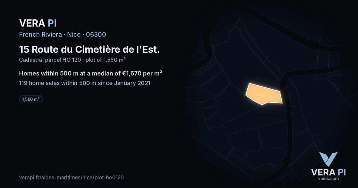 15 Route du Cimetière de l'Est, Nice at night – the plot lit, the parcels around coloured by the prices near them