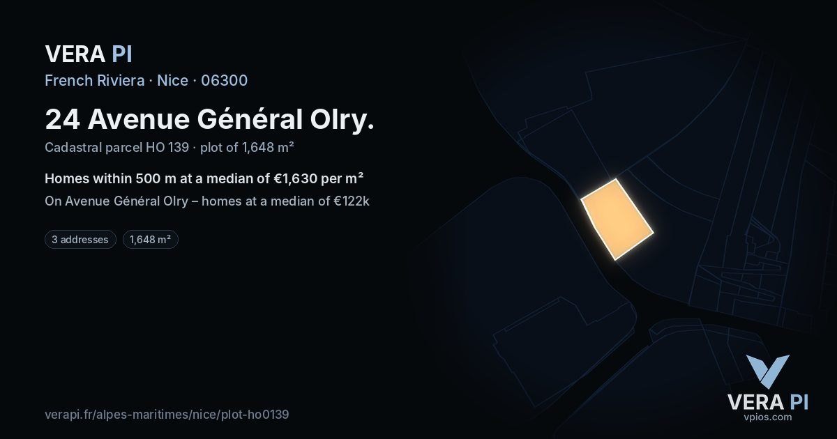 24 Avenue Général Olry, Nice at night – the plot lit, the parcels around coloured by the prices near them