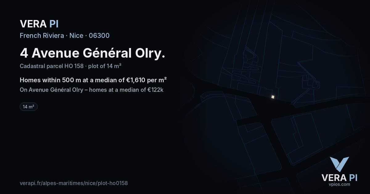 4 Avenue Général Olry, Nice at night – the plot lit, the parcels around coloured by the prices near them