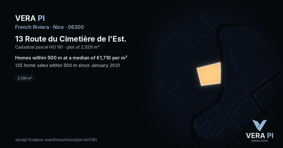 13 Route du Cimetière de l'Est, Nice at night – the plot lit, the parcels around coloured by the prices near them