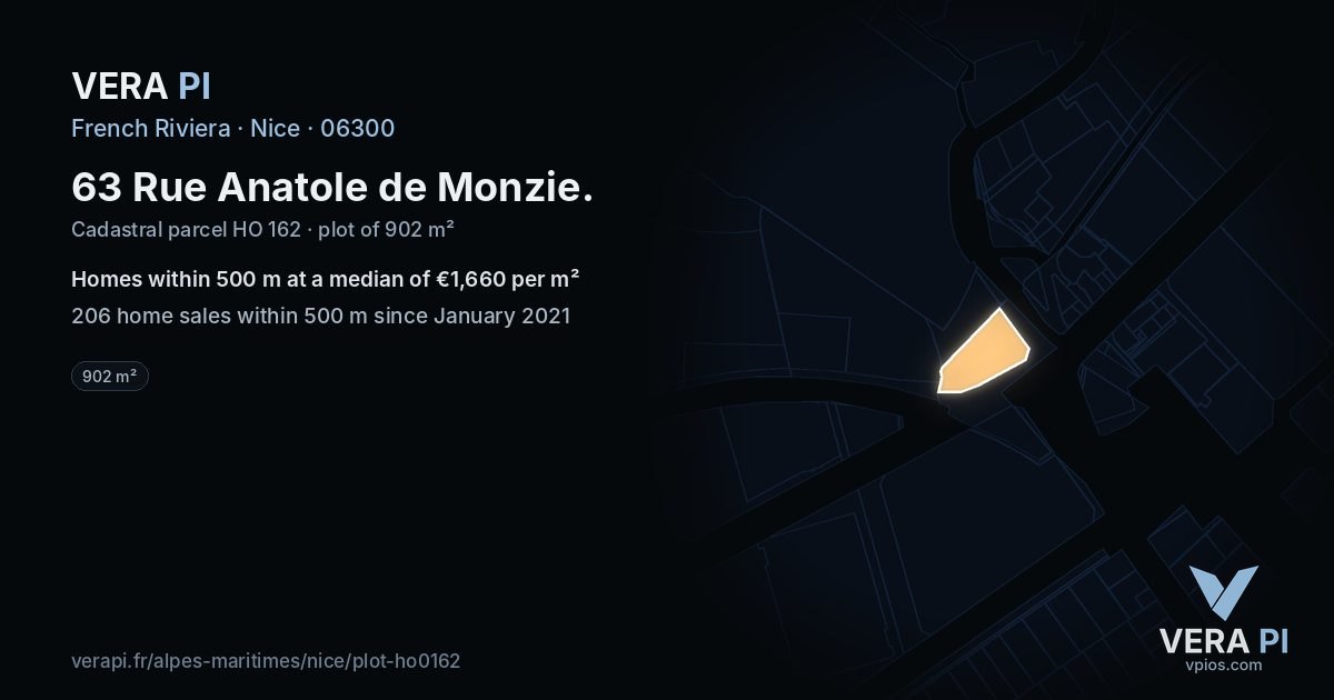 63 Rue Anatole de Monzie, Nice at night – the plot lit, the parcels around coloured by the prices near them
