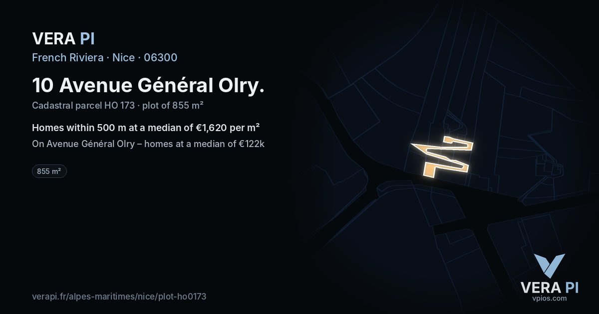 10 Avenue Général Olry, Nice at night – the plot lit, the parcels around coloured by the prices near them