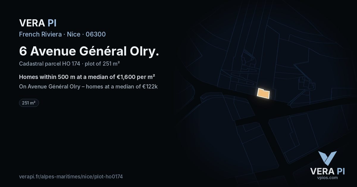 6 Avenue Général Olry, Nice at night – the plot lit, the parcels around coloured by the prices near them
