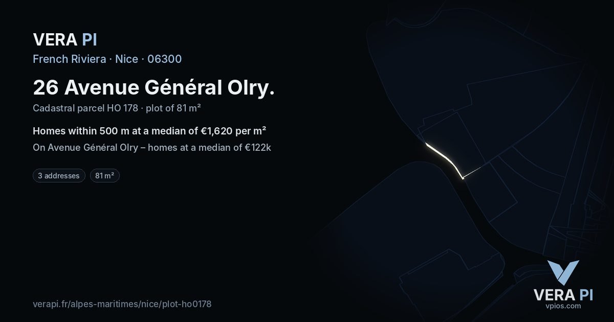 26 Avenue Général Olry, Nice at night – the plot lit, the parcels around coloured by the prices near them