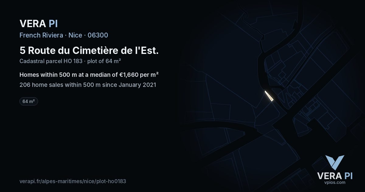 5 Route du Cimetière de l'Est, Nice at night – the plot lit, the parcels around coloured by the prices near them