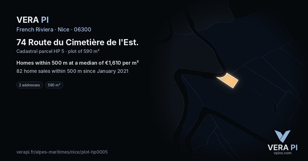 74 Route du Cimetière de l'Est, Nice at night – the plot lit, the parcels around coloured by the prices near them