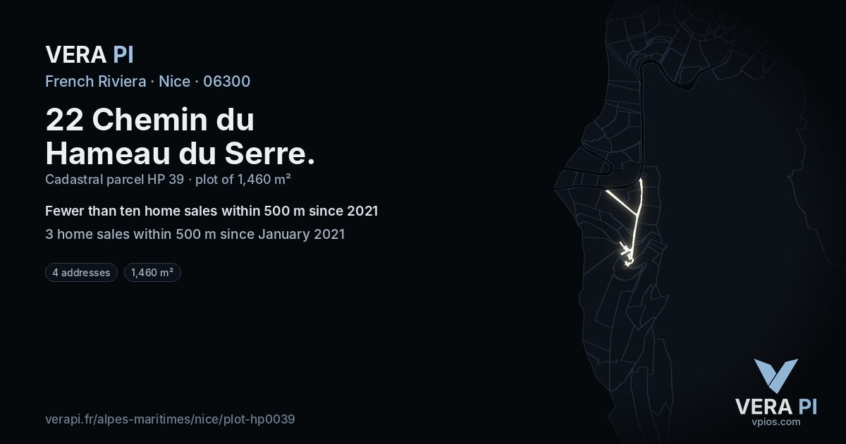 22 Chemin du Hameau du Serre, Nice at night – the plot lit, the parcels around coloured by the prices near them