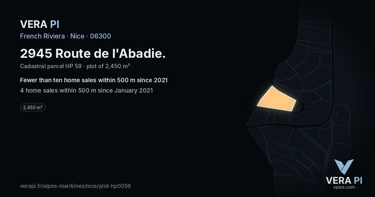 2945 Route de l'Abadie, Nice at night – the plot lit, the parcels around coloured by the prices near them