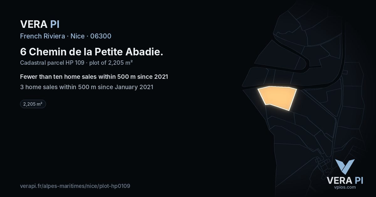 6 Chemin de la Petite Abadie, Nice at night – the plot lit, the parcels around coloured by the prices near them