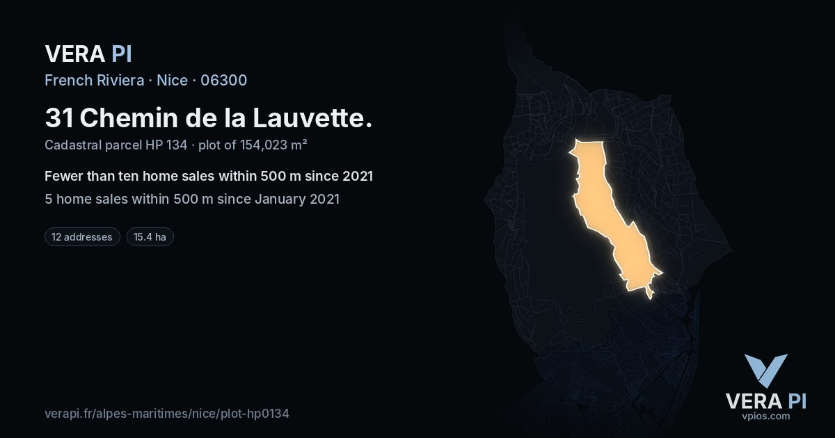 31 Chemin de la Lauvette, Nice at night – the plot lit, the parcels around coloured by the prices near them