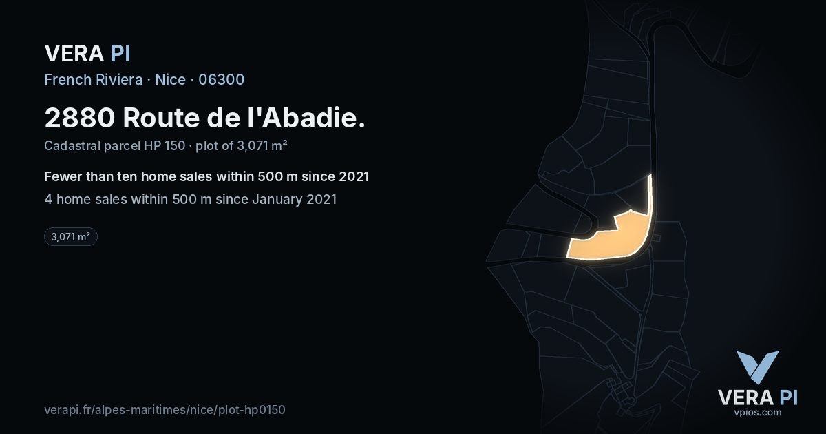 2880 Route de l'Abadie, Nice at night – the plot lit, the parcels around coloured by the prices near them