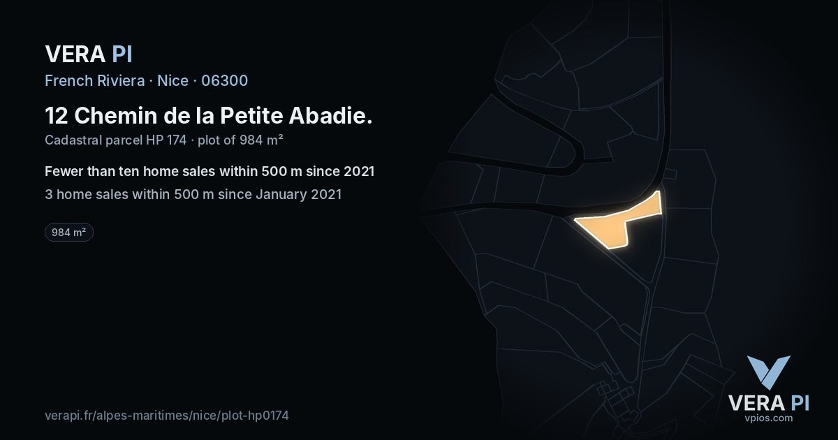 12 Chemin de la Petite Abadie, Nice at night – the plot lit, the parcels around coloured by the prices near them