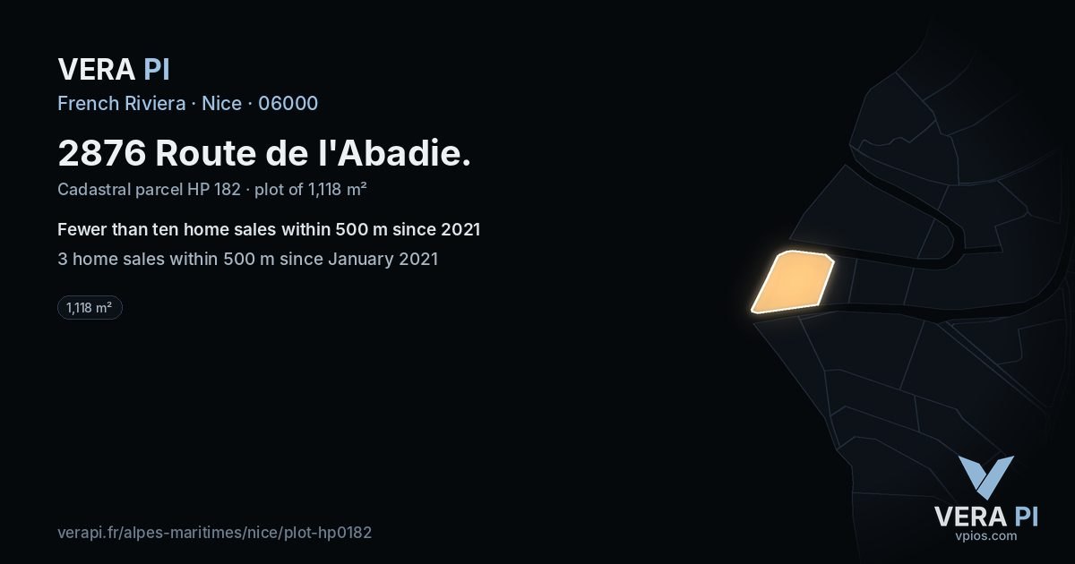 2876 Route de l'Abadie, Nice at night – the plot lit, the parcels around coloured by the prices near them