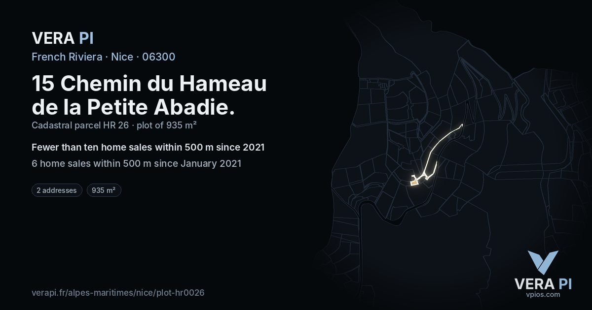 15 Chemin du Hameau de la Petite Abadie, Nice at night – the plot lit, the parcels around coloured by the prices near them