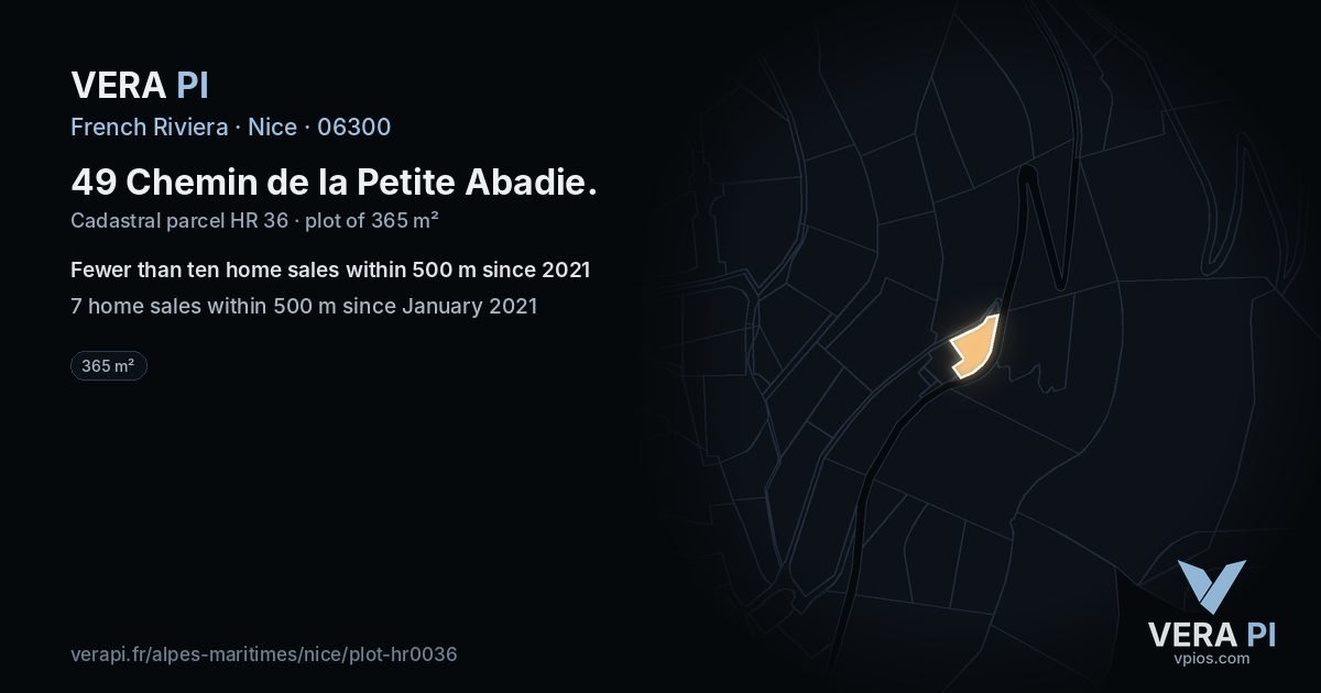 49 Chemin de la Petite Abadie, Nice at night – the plot lit, the parcels around coloured by the prices near them