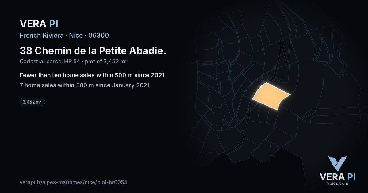 38 Chemin de la Petite Abadie, Nice at night – the plot lit, the parcels around coloured by the prices near them