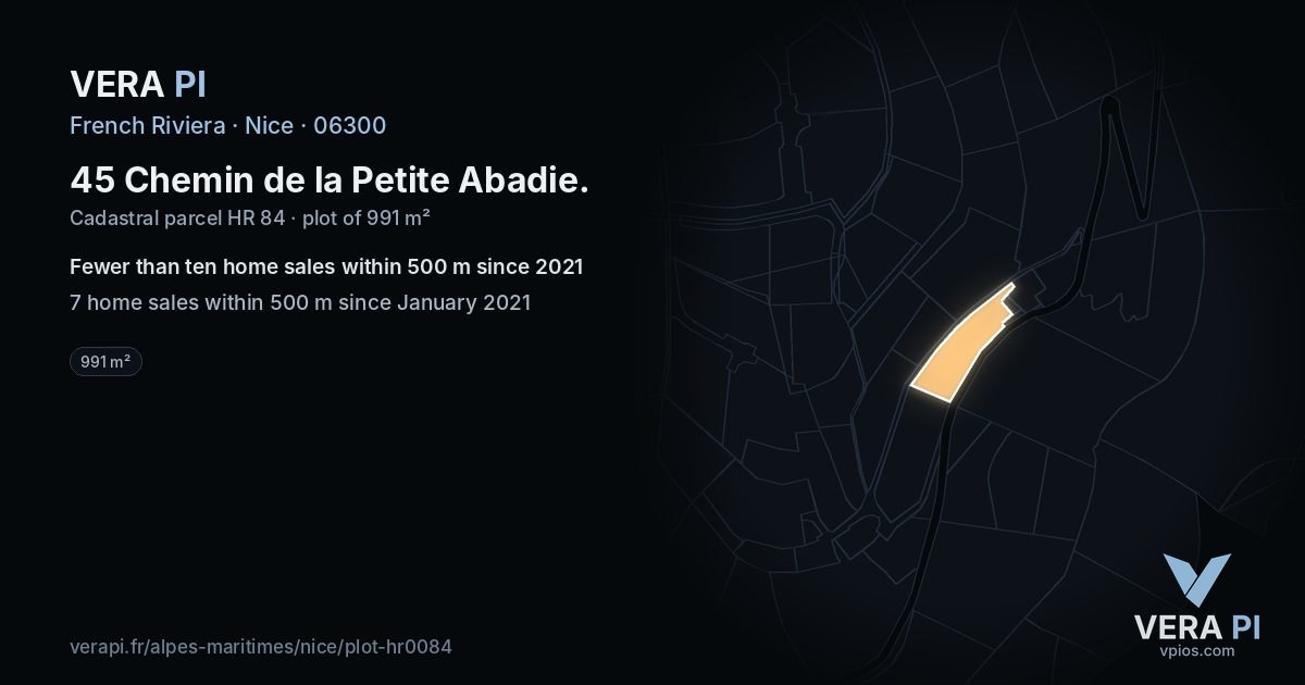 45 Chemin de la Petite Abadie, Nice at night – the plot lit, the parcels around coloured by the prices near them
