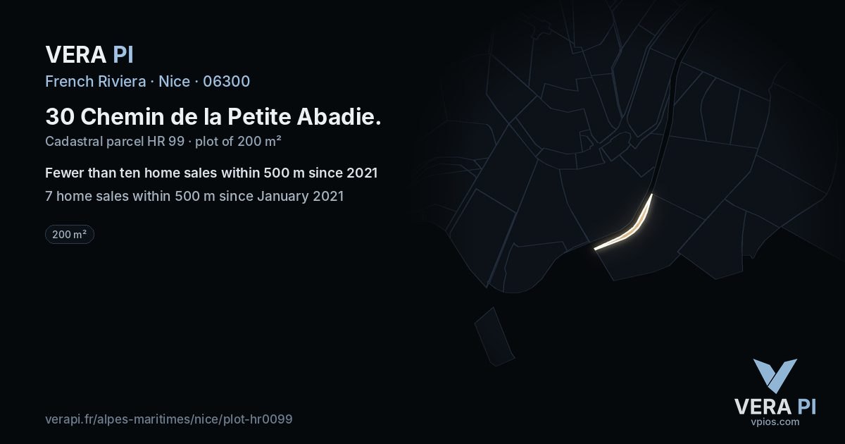 30 Chemin de la Petite Abadie, Nice at night – the plot lit, the parcels around coloured by the prices near them