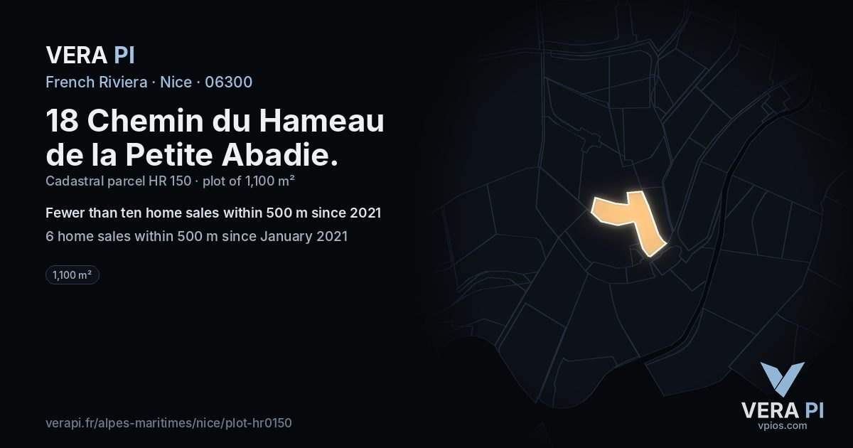 18 Chemin du Hameau de la Petite Abadie, Nice at night – the plot lit, the parcels around coloured by the prices near them