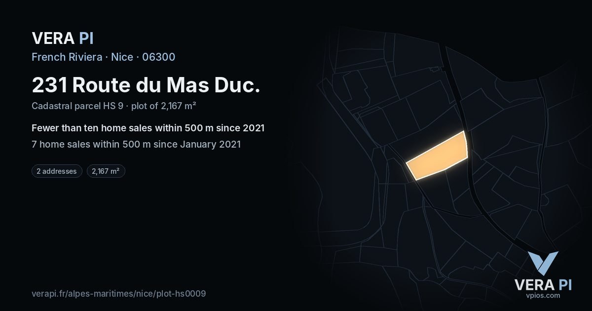 231 Route du Mas Duc, Nice at night – the plot lit, the parcels around coloured by the prices near them