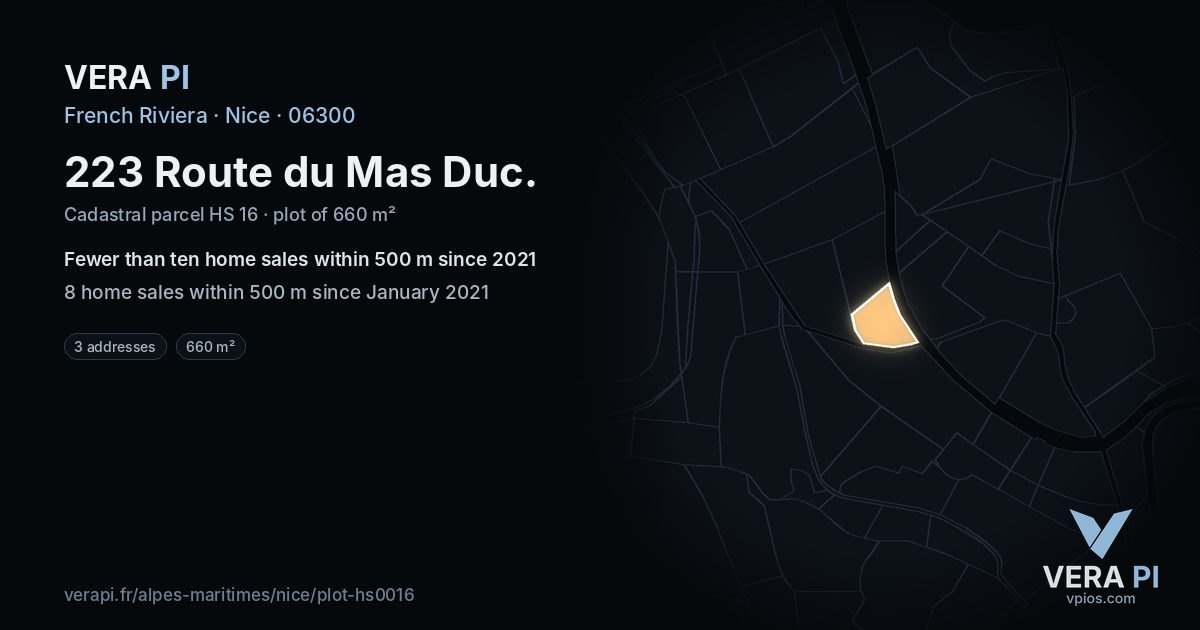 223 Route du Mas Duc, Nice at night – the plot lit, the parcels around coloured by the prices near them