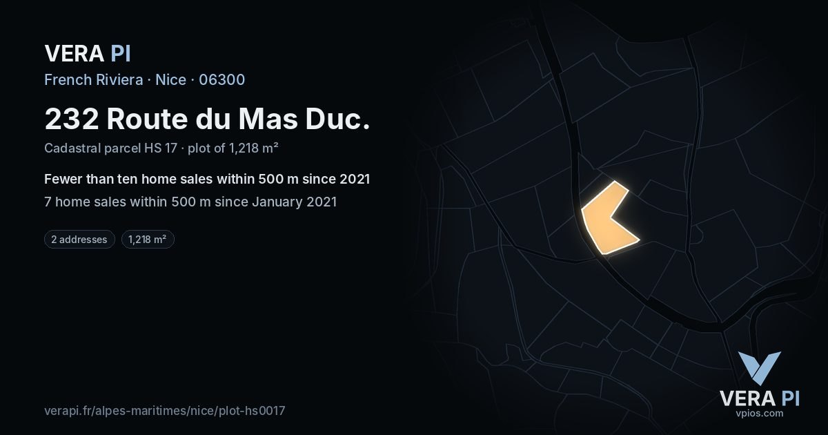 232 Route du Mas Duc, Nice at night – the plot lit, the parcels around coloured by the prices near them