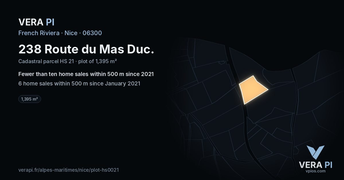 238 Route du Mas Duc, Nice at night – the plot lit, the parcels around coloured by the prices near them