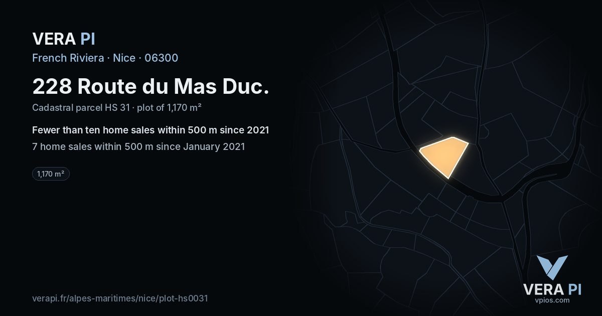 228 Route du Mas Duc, Nice at night – the plot lit, the parcels around coloured by the prices near them