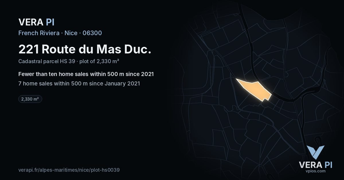 221 Route du Mas Duc, Nice at night – the plot lit, the parcels around coloured by the prices near them
