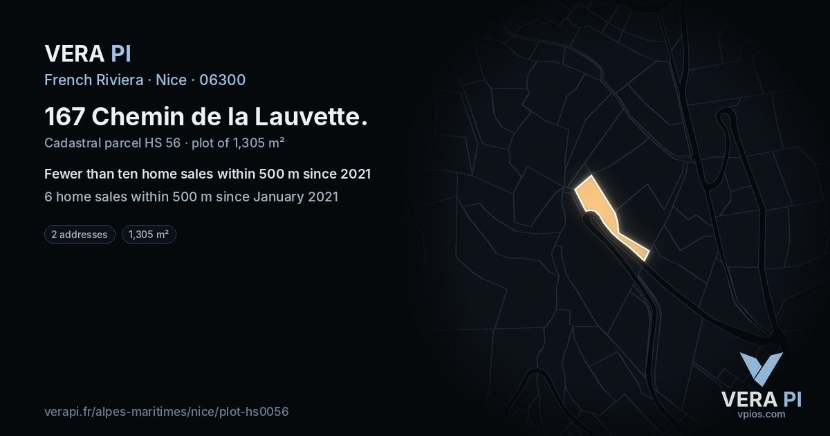 167 Chemin de la Lauvette, Nice at night – the plot lit, the parcels around coloured by the prices near them