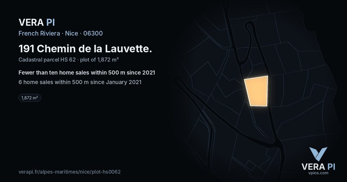 191 Chemin de la Lauvette, Nice at night – the plot lit, the parcels around coloured by the prices near them