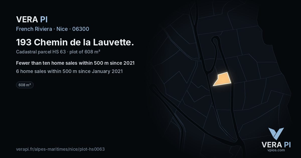 193 Chemin de la Lauvette, Nice at night – the plot lit, the parcels around coloured by the prices near them