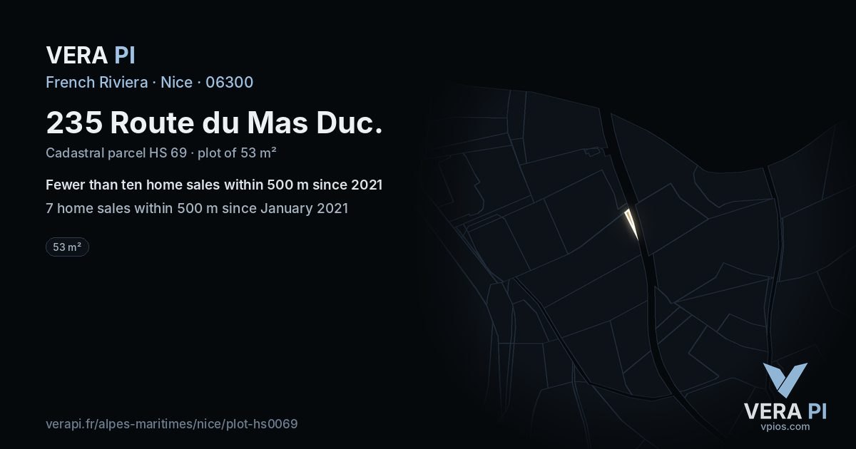 235 Route du Mas Duc, Nice at night – the plot lit, the parcels around coloured by the prices near them