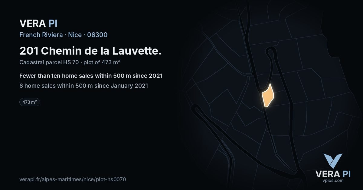 201 Chemin de la Lauvette, Nice at night – the plot lit, the parcels around coloured by the prices near them