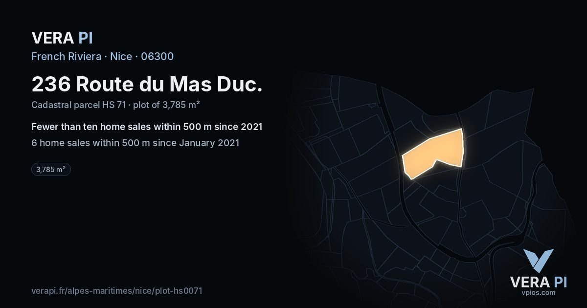 236 Route du Mas Duc, Nice at night – the plot lit, the parcels around coloured by the prices near them