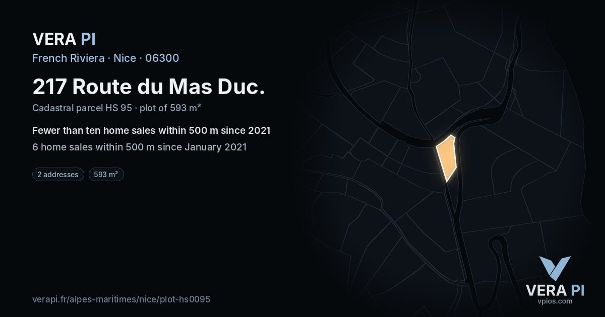 217 Route du Mas Duc, Nice at night – the plot lit, the parcels around coloured by the prices near them