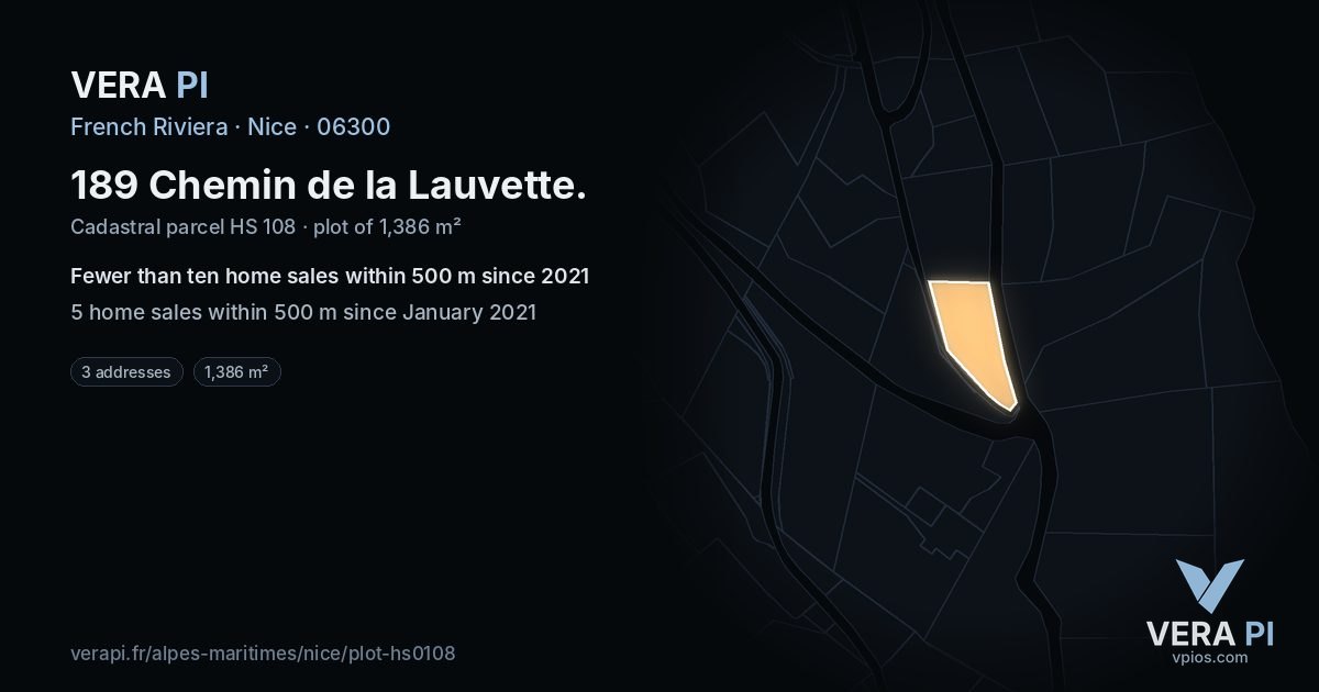 189 Chemin de la Lauvette, Nice at night – the plot lit, the parcels around coloured by the prices near them
