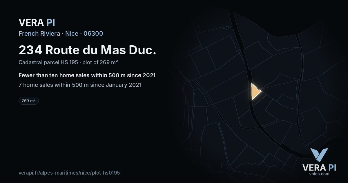 234 Route du Mas Duc, Nice at night – the plot lit, the parcels around coloured by the prices near them