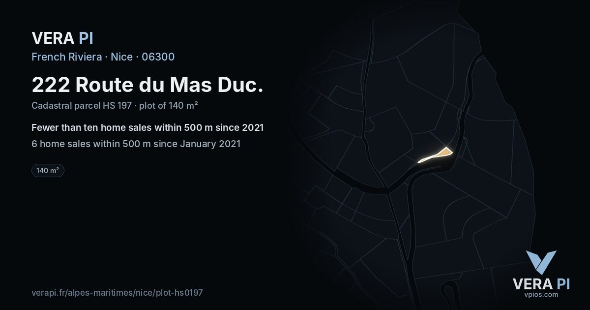 222 Route du Mas Duc, Nice at night – the plot lit, the parcels around coloured by the prices near them