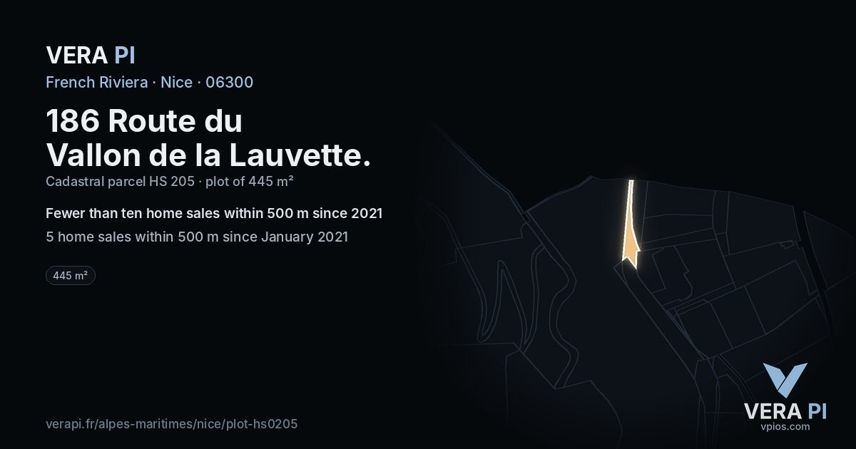 186 Route du Vallon de la Lauvette, Nice at night – the plot lit, the parcels around coloured by the prices near them